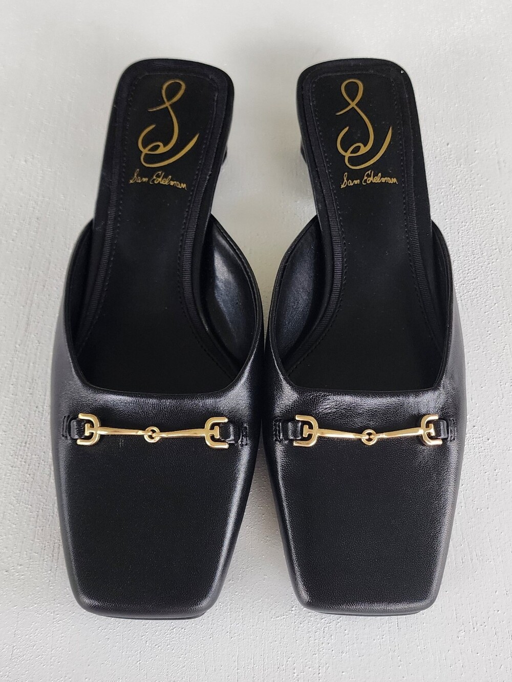 Sam Edelman Black Leather Slide Mules with Gold Horsebit